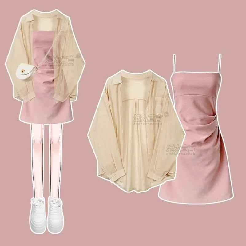 

2025 Summer Korean Elegant In Dress Matching Set Women's Fashion Chiffon Sunscreen Shirt+Sexy Strap Skirt Two Piece Female Suit