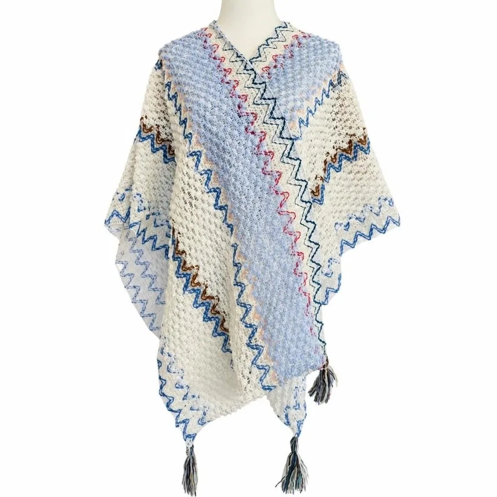 Vintage Color-block Striped Bohemian Knit Poncho Pullover Ethnic Knitted Cape Wrap Tassel Boho Ethnic Style Shawl For Women
