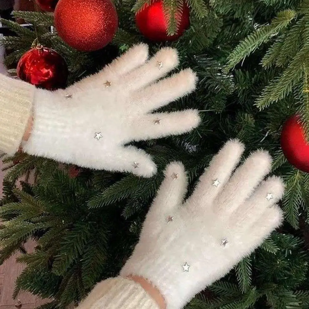 

Star Snowflake Glitter Plush Gloves White First Snow Warm Five Finger Gloves Thickened Kawaii Outdoor Cycling Fullfinger