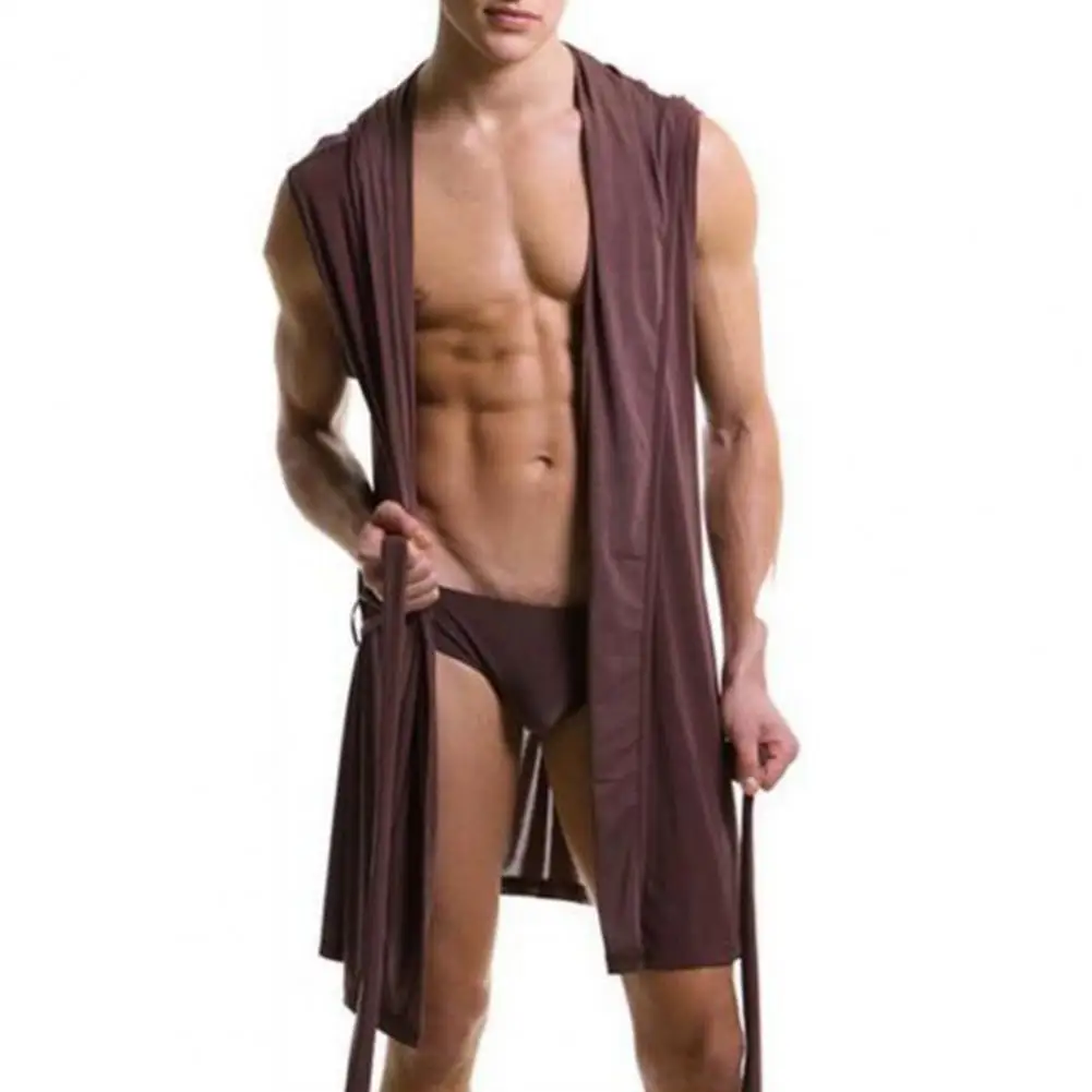Albornoz con capucha de Color sólido para Hombre, ropa de dormir sin mangas agradable a la piel, pijama Sexy, vestido de verano con capucha para