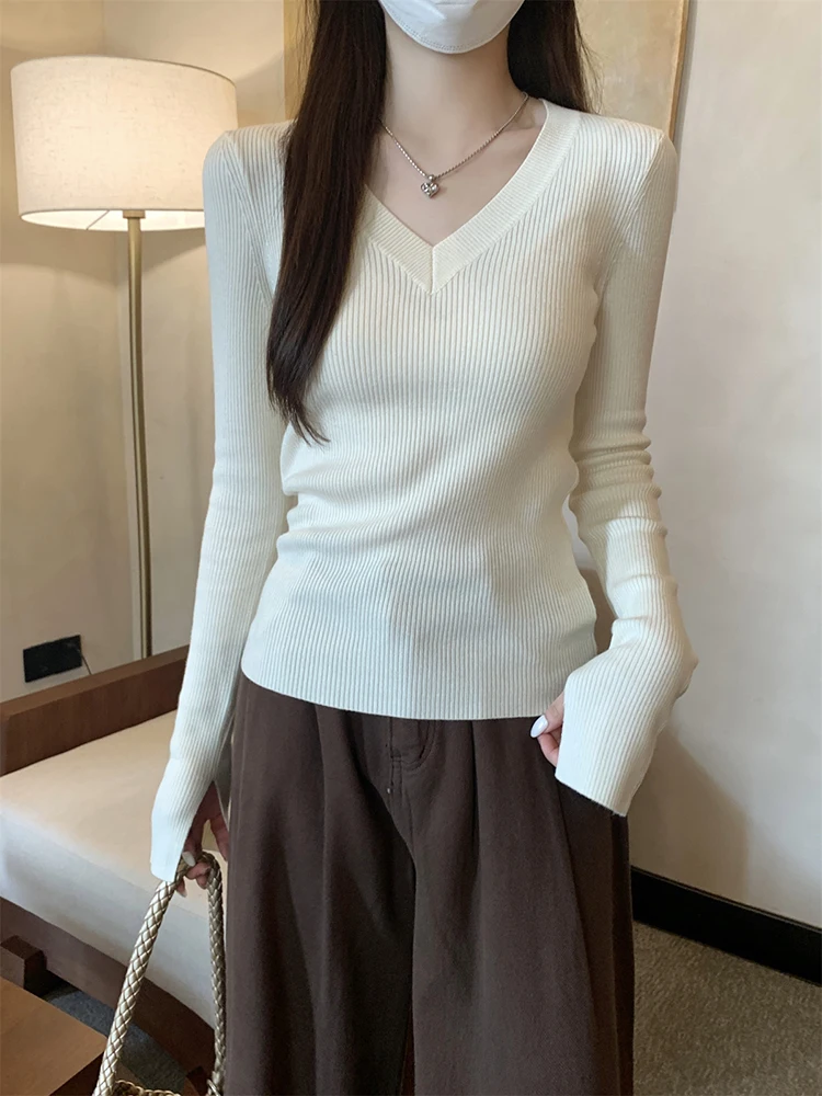 セーター黒長袖ニットセーター女性プルオーバー新しい V ネックスリムニットセータープルオーバー女性トップス女性服 Q2075