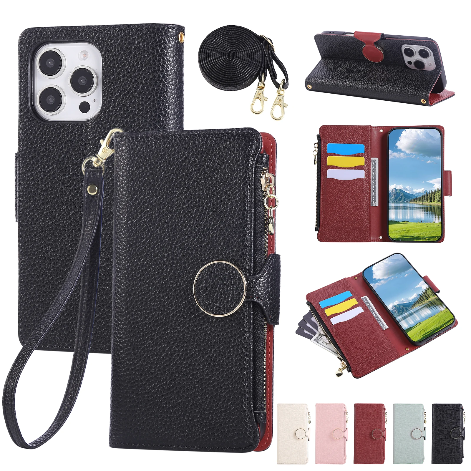 Wrist Strap Zipper Case For OPPO Realme P3 Pro Note 60 Narzo 50 N53 GT 6T Neo 7X 6SE 6 5 Crossbody Multi 3 Cards Leather Cover