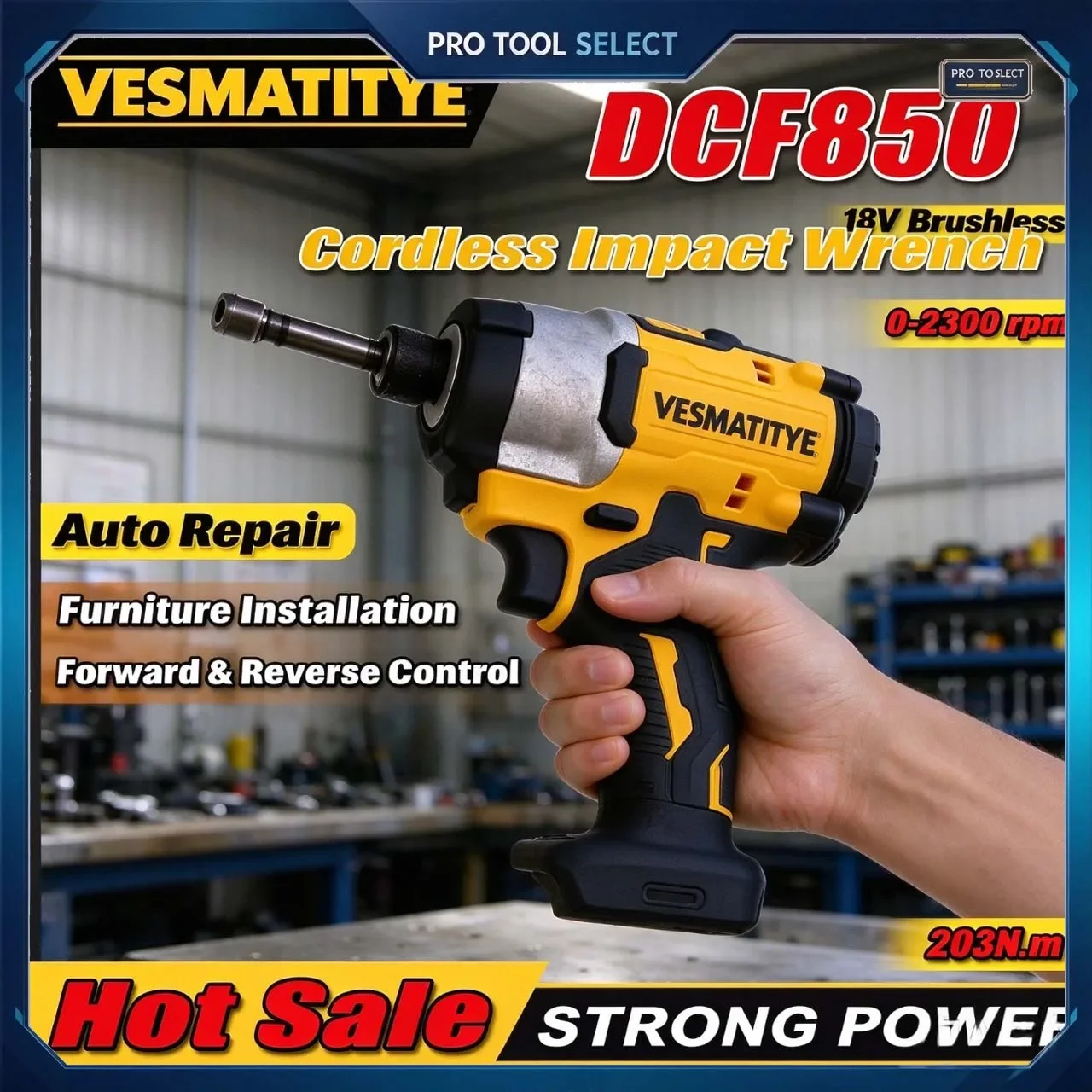 18V Brushless Cordless Impact Wrench 203N.m 0-2300rpm Forward Reverse Control Auto Repair Furniture Installation Power Tool