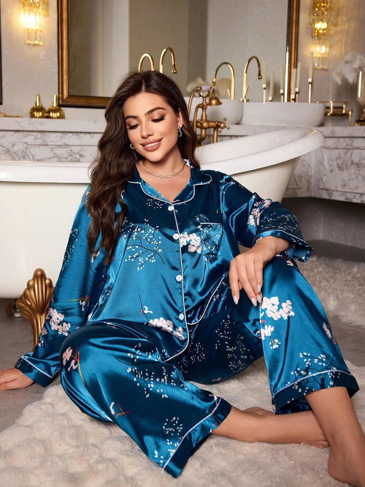 Plus Size 5XL Women Satin Pajamas Autumn Winter Floral Print Long Sleeve Two Piece Set Luxury Silky Sleepwear Casual Loungewear