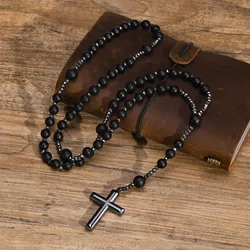 Black Beads Cross Rosary Necklaces for Men, Male Power Balance Hematite Chain Necklace, Religious Faith Prayer Jewelry