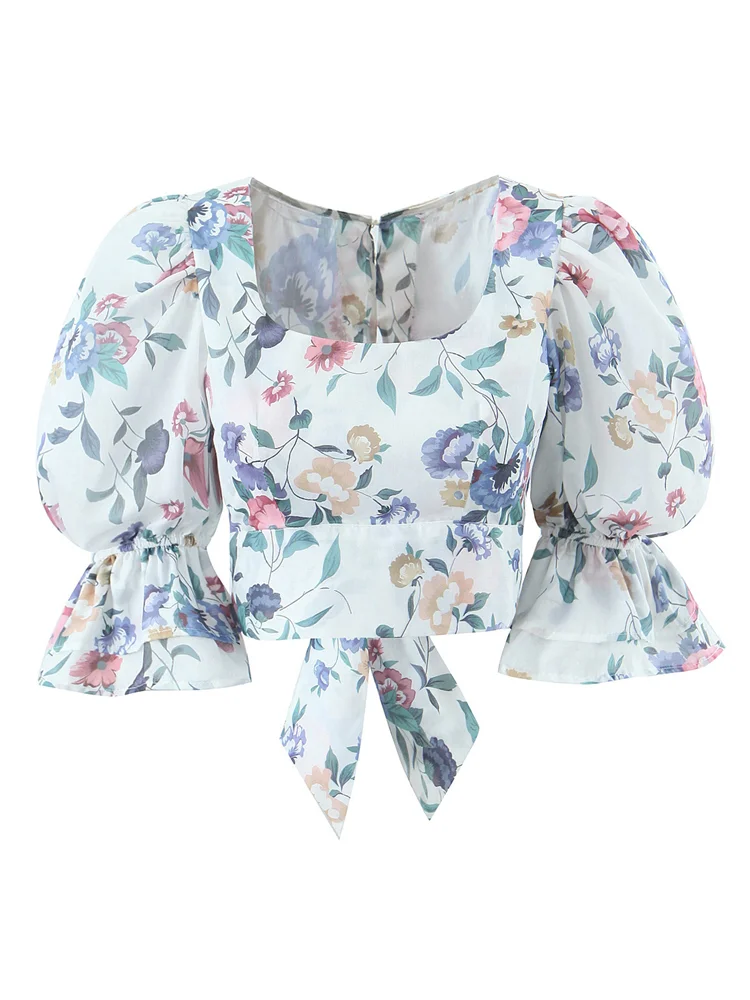 Retro French Style Flower Print Square Collar Shirt Open Buttons Tie Bow Back Backless Puff Sleeve Cropped Blouse Tank Tops