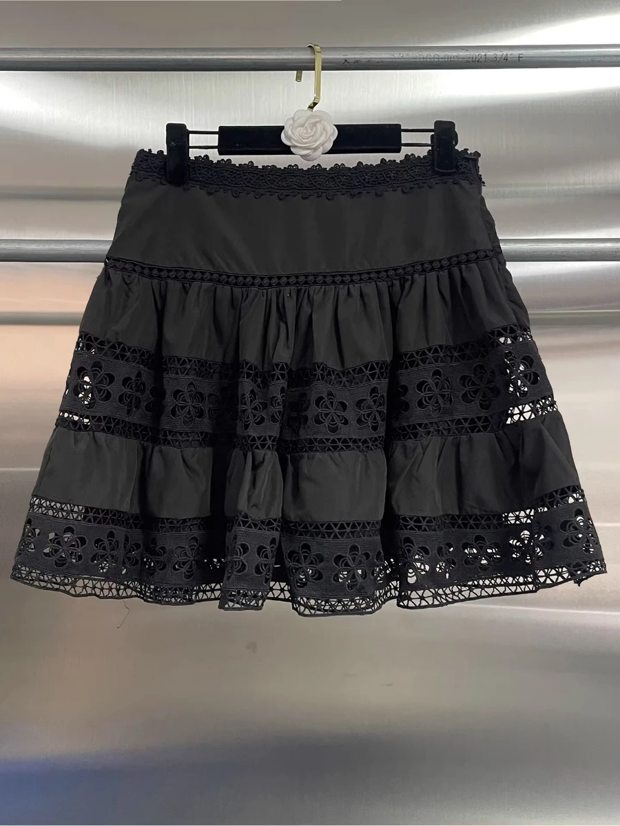 GALCAUR Black Spliced Lace Two Piece Set Female V Neck Long Sleeve Shirt Sweet Edgy Women's Skirt Sets Fashion Summer New Style view 5