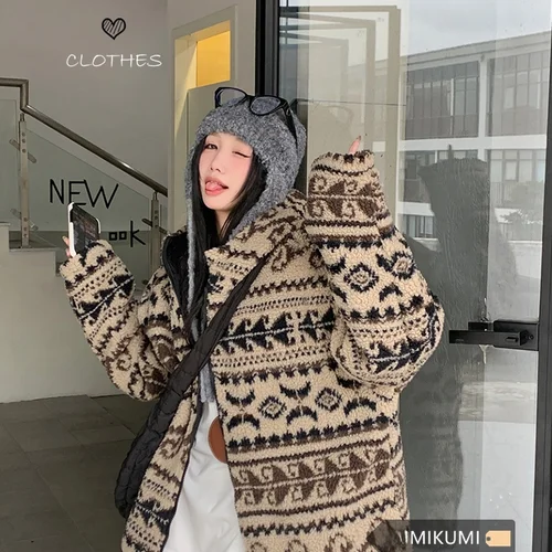 따뜻한 여성용 면 재킷 여성용 루즈핏 후드 긴팔 풀오버 따뜻한 레트로 아일랜드 스타일 겨울 아메리칸 스타일 면 재킷 코트 외투 면 재킷 