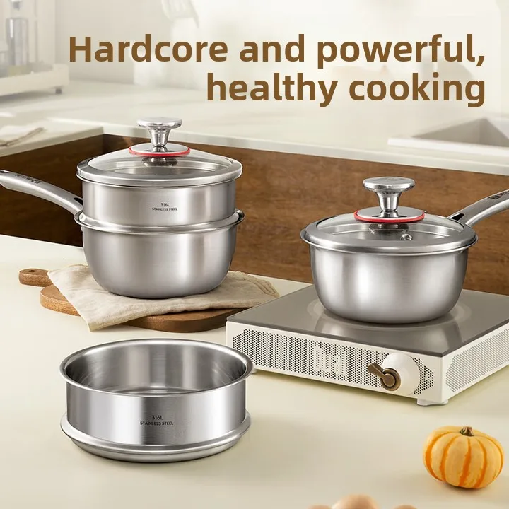 Uncoated complementary food pot 316L stainless steel baby frying integrated small milk pot