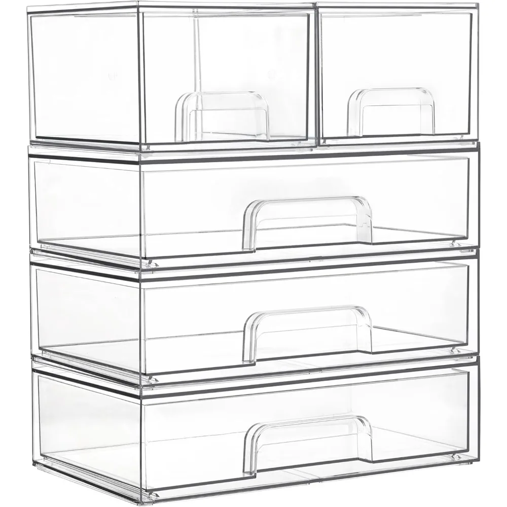

Stackable Storage Drawers Set of 5,Clear Plastic Organizer Bins for Makeup, Cosmetics, Beauty Supplies,Ideal for Vanity, Bathro