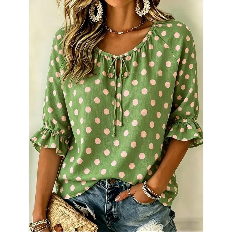 Plus-size women's casual loose polka dot tie-neck shirt,Suitable for travel,Commuting attire