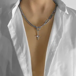 Stainless Steel Star Cross Pendant Necklace for Men Korean Fashion Cuban Chain Necklace Male Cross Chain Choker Neck Jewelry New