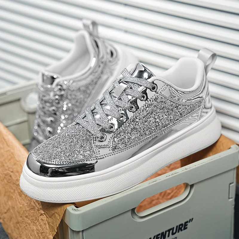 New Fashion Silver Glitter Sneakers Men Shiny Shoes Spring and Autumn Platform Casual Sneakers Men Couple Skateboard Shoes 2024