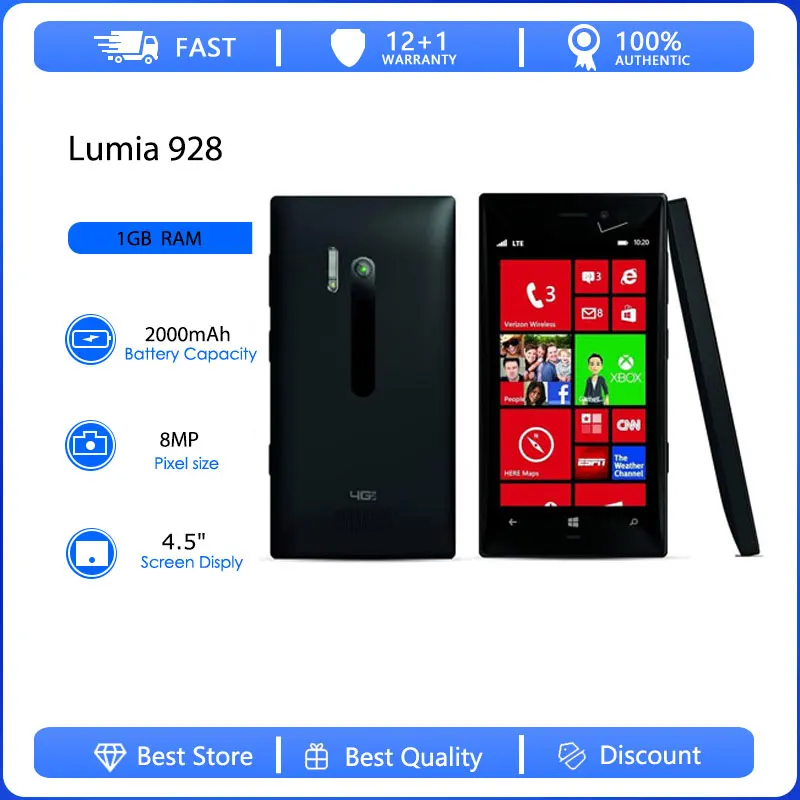 Teléfono Móvil Lumia 928 4G Reacondicionado Original, Desbloqueado, 32GB, 1GB RAM, 8MP, 2000mAh, Hecho en Finlandia