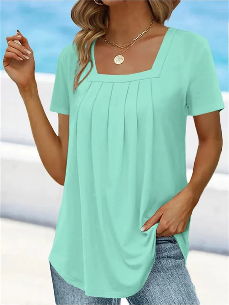 Women Solid Loose Fit Pleated T-shirt Summer U-Neck Female Shirts Fashion Ladies Vacation Tops 2024 Basic Regular Pullover Tops