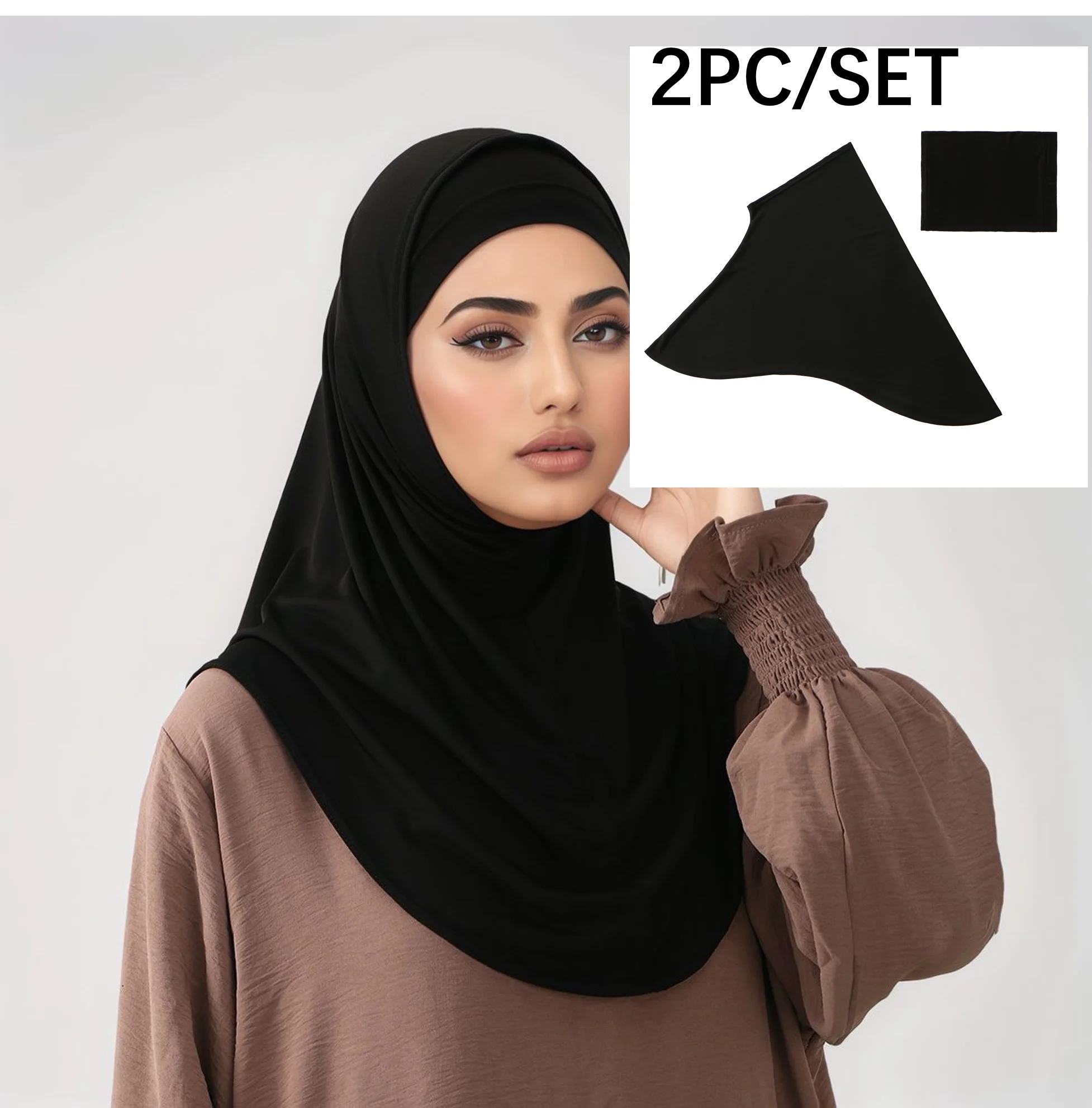 2pcs/set Muslim Cotton Modal Instant Hijab and Inner Cap Set Women Soft Jersey Hijab Cover Neck Islam Solid Undercap Tube Caps