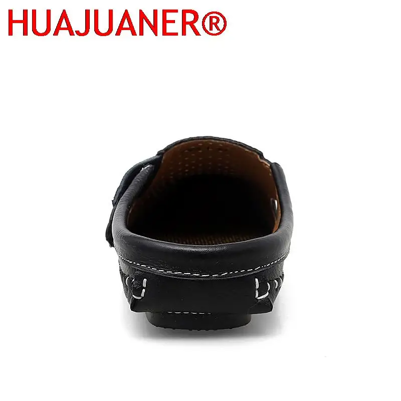 New Genuine Leather Men's Slippers Summer Breathable Casual Mules Light Half Shoes For Men Outdoor Anti-slip Driving Loafers Man