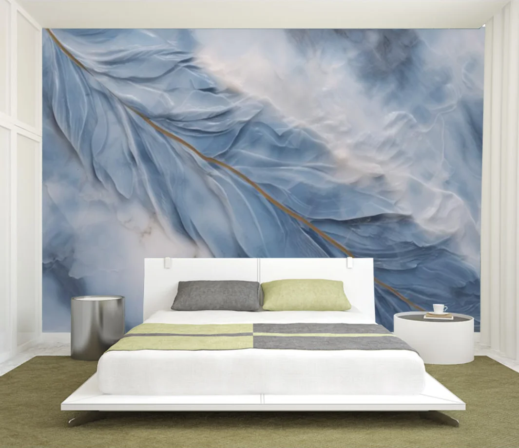 Customized Wallpaper Modern Fashion Light Blue Feather Marble Hotel TV Sofa Background Wall Decoration Wallpaper Mural
