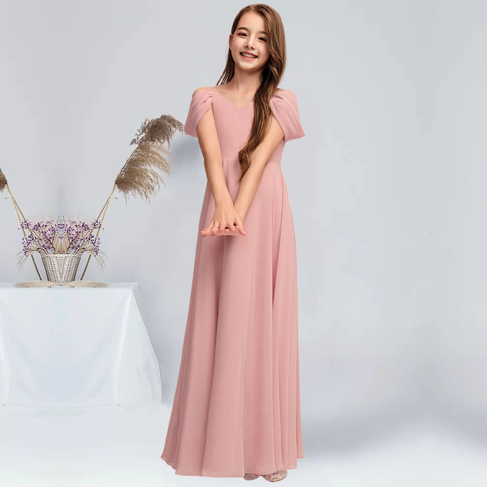 A-line Cold Shoulder Floor-Length Chiffon Junior Bridesmaid Dress With Pleated Blush Flower Girl Dress Party For Wedding Kids