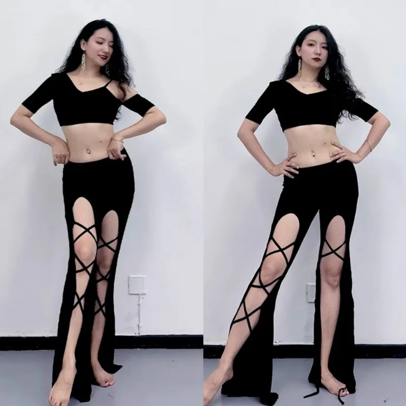 أزياء راقصة شرقية مخصصة ملابس ممارسة ملابس الرقص الشرقي ملابس الرقص الشرقي السوداء مجموعة سراويل حزام ملابس الرقص الغريبة