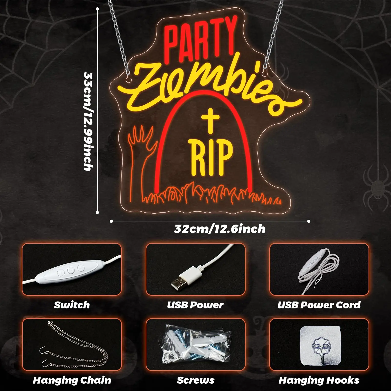 Zombie Tombstone LED Neon Sign for Wall Decor Halloween Party Lights Hanging for Room Decor Windows Doors Adjustable Brightness