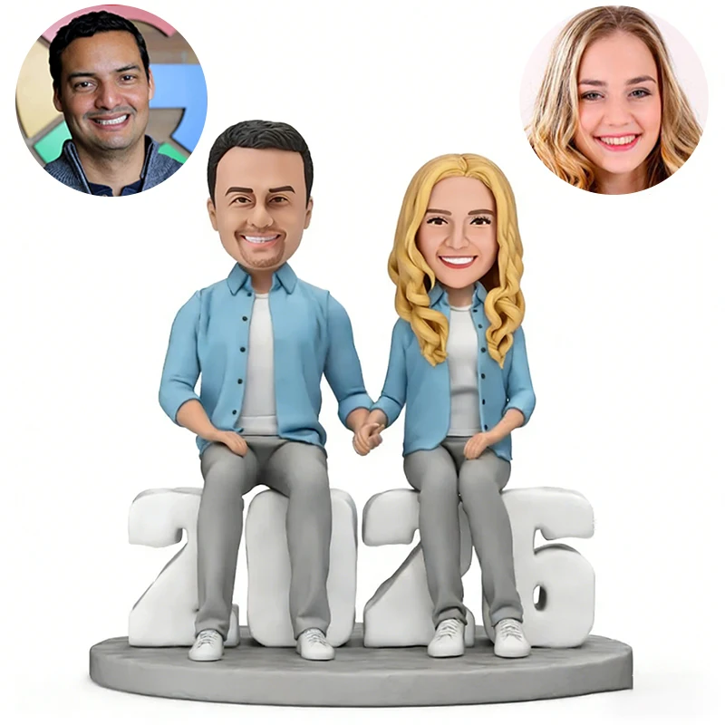 Valentine's Day Gifts Couple Blue Outfit Sitting on 2026 Couple Custom Bobblehead With Engraved Text Valentine's Day Gift