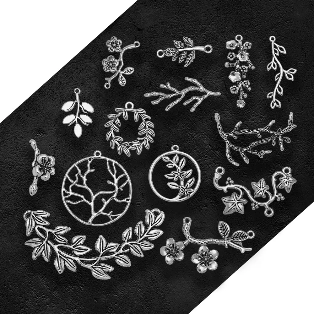 Antique Silver Plated Branch Leaf Flower Charms Connector Pendants For Diy Jewelry Supplies Bulk Wholesale Items Small Business