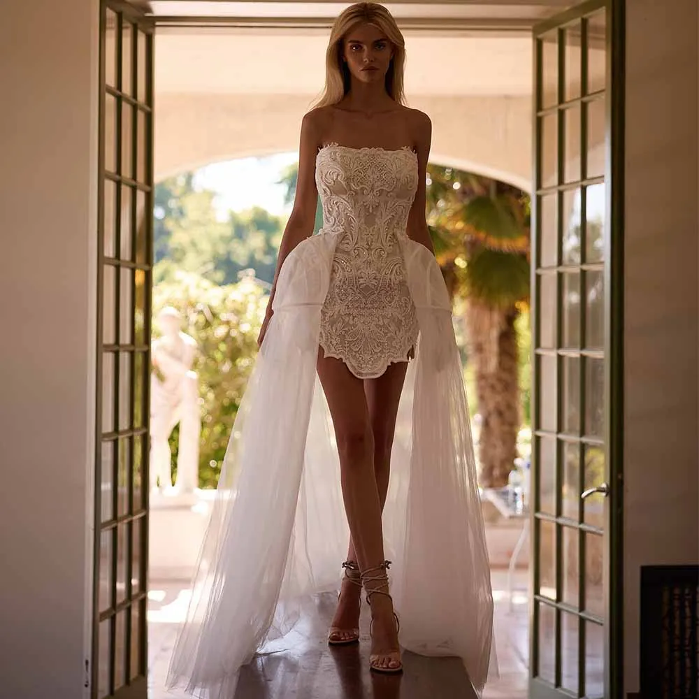 فساتين الزفاف المدنية الفاخرة 	 2025 الدانتيل غمد/العمود فستان حفلات الزفاف العاج حمالة كيب الذيل المرأة فستان الزفاف البسيطة