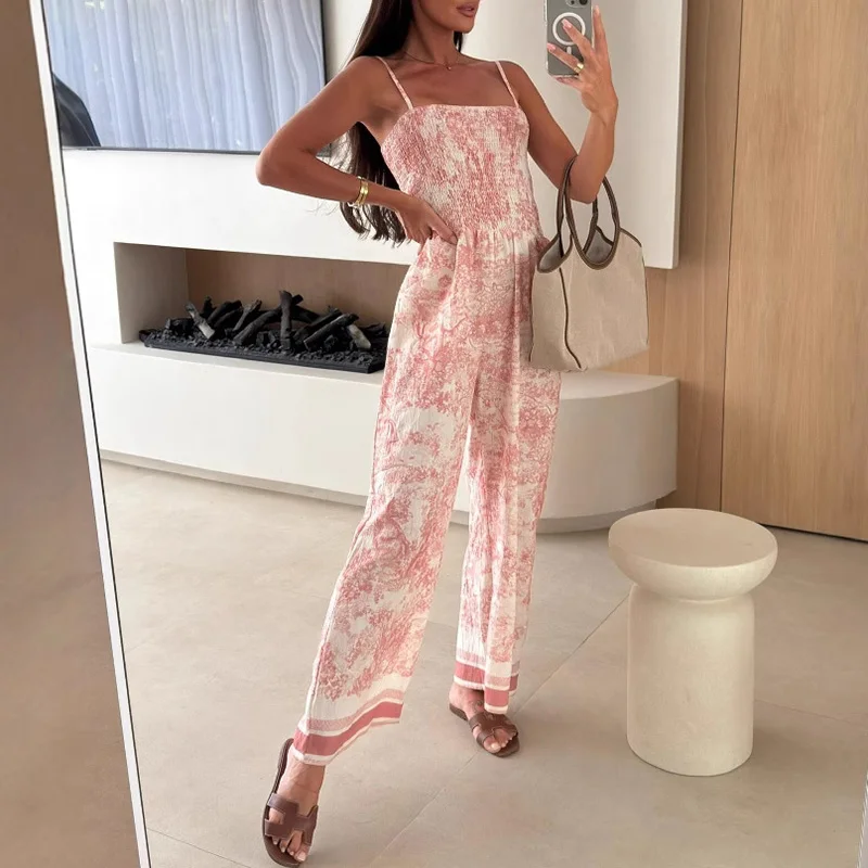 

Summer Printed Off Shoulder Women's Straight Jumpsuit Sexy Sleeveless Hollow Loose Rompers Casual Strap Pocket Pleated Playsuit