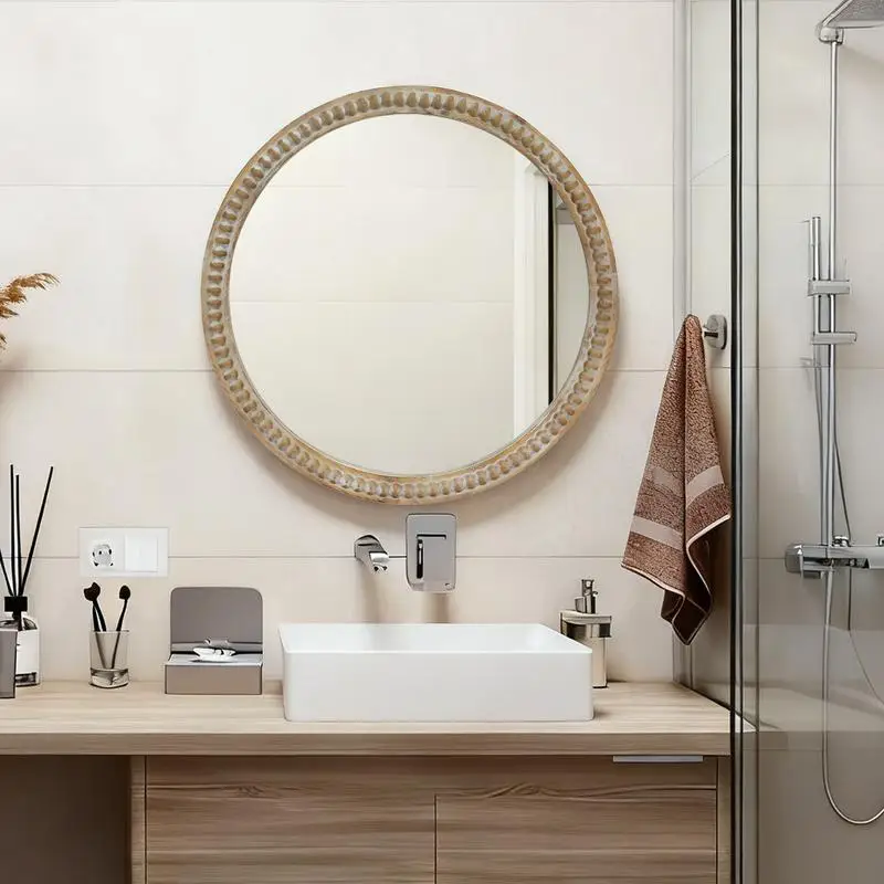 مرآة حائط دائرية مزخرفة، مرآة بإطار خشبي مطرز مقاس 35.43 بوصة للمدخل وغرفة المعيشة والحمام ولمسة المزرعة