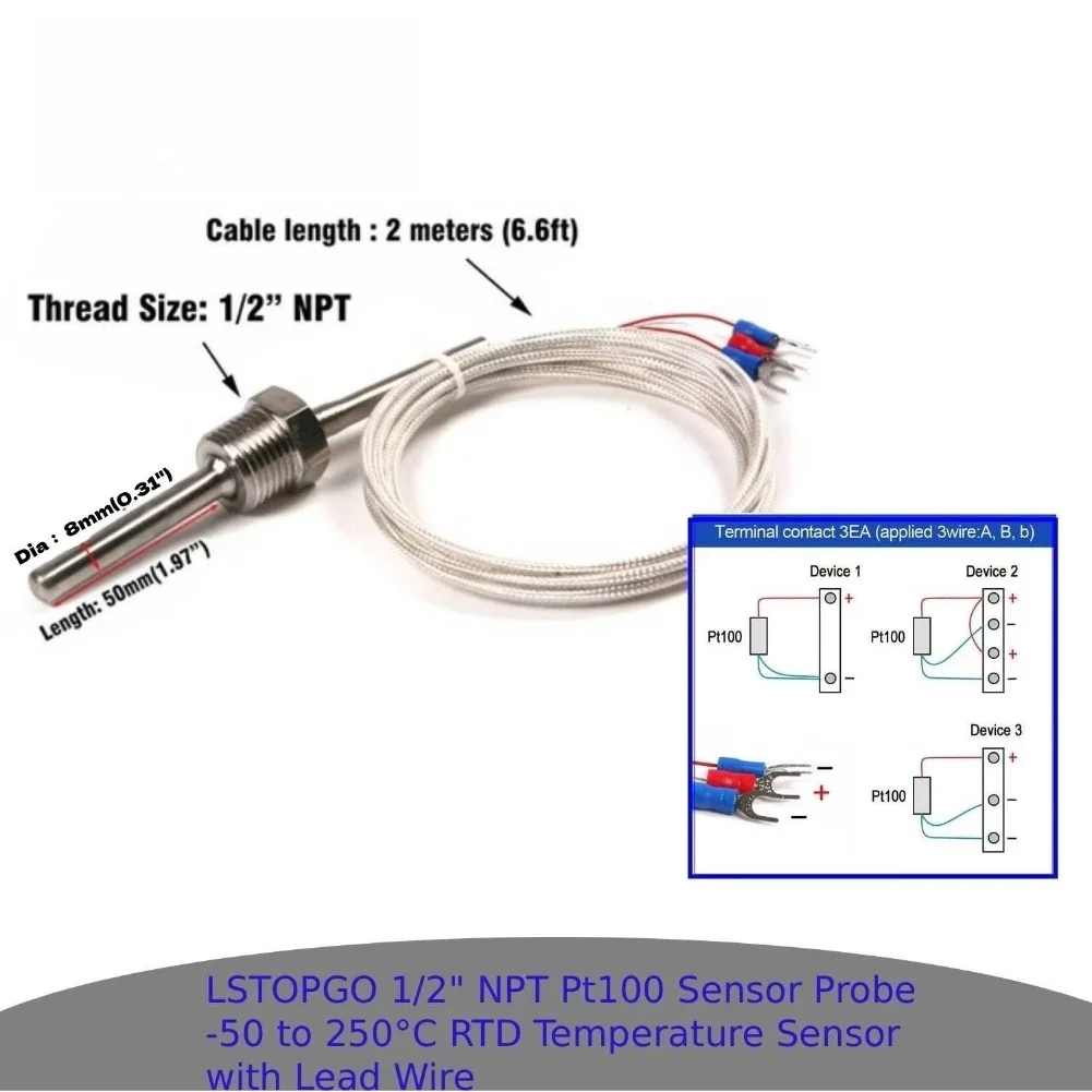 For RTD Pt100 Sensor Probe with 3-Wire Configuration 1/2 inch NPT Thread Mounting and 304 Stainless Steel Waterproof Housing