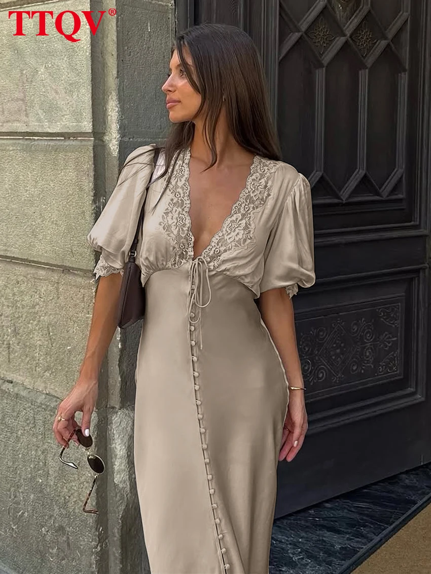 

TTQV Summer Loose Khaki Satin Women's Dress Sexy V-Neck Short Sleeve Ankle Length Dress Elegant Classic Lace-Up Party Dresses