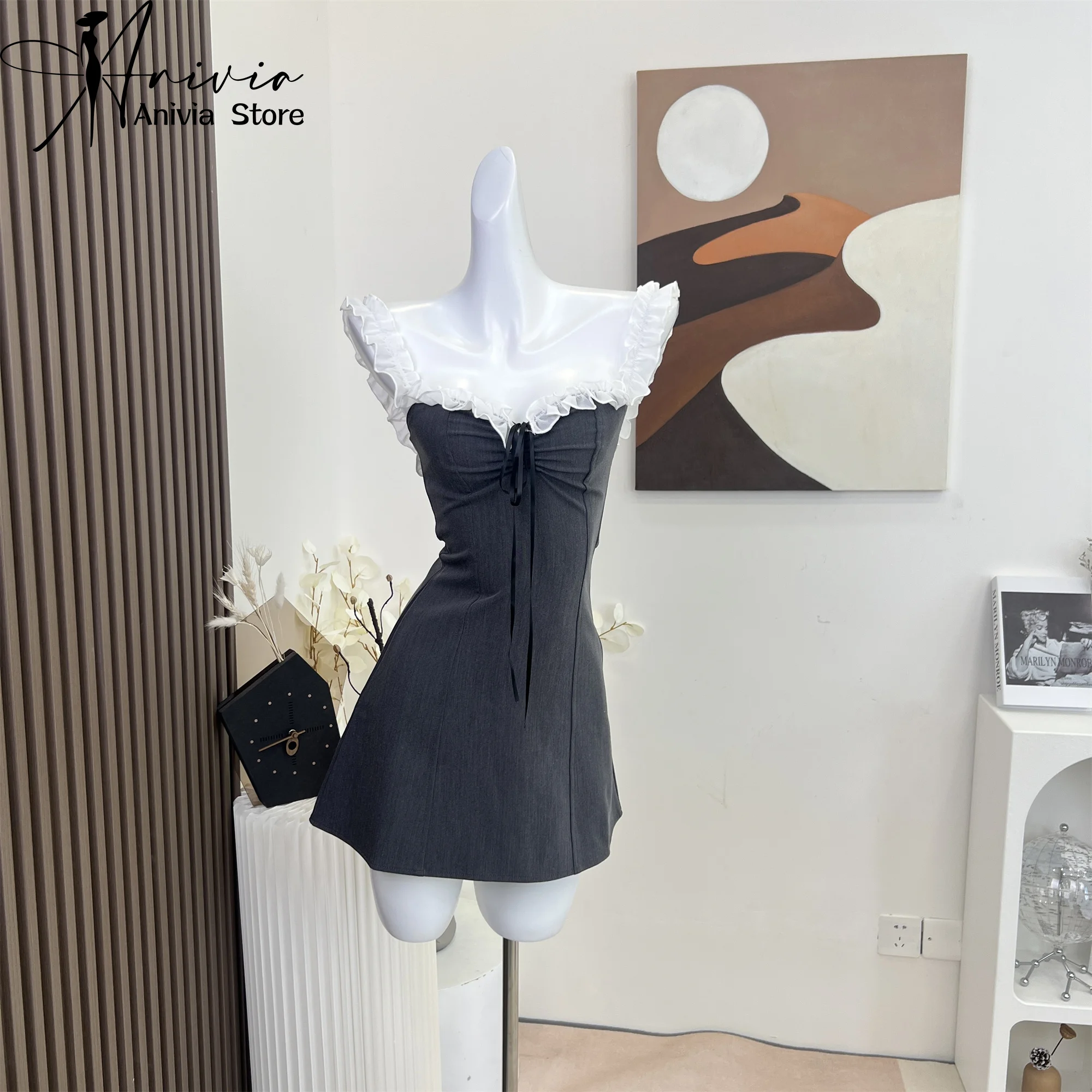 2024 New Women\'s Spring/Summer Cute Off Shoulder Sexy Dress Elegant Evening Party Splice Y2K Fashion Gray High Quality Skirt