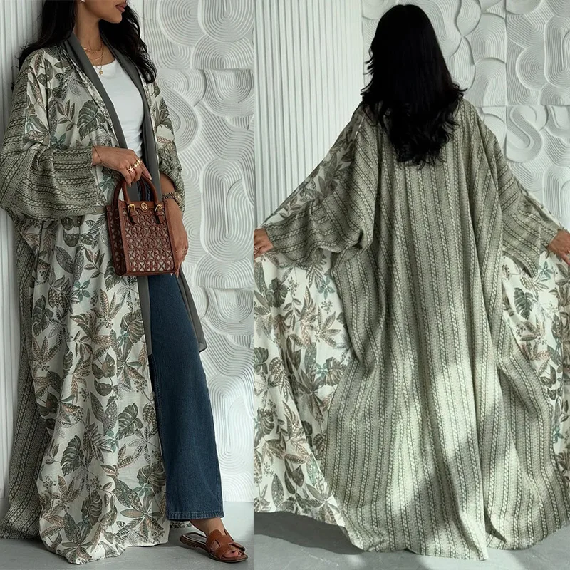 

EID Modest Turkey Printed Floral Abaya Dress Kaftan Long Sleeves Maxi Dresses Cardigan Robe for Women