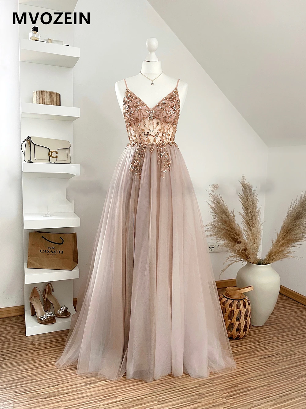 Golden Evening Dresses Beading A-Line Spaghetti Strap Formal Dresses 2023 New Long Party Dress for Prom Long Gown