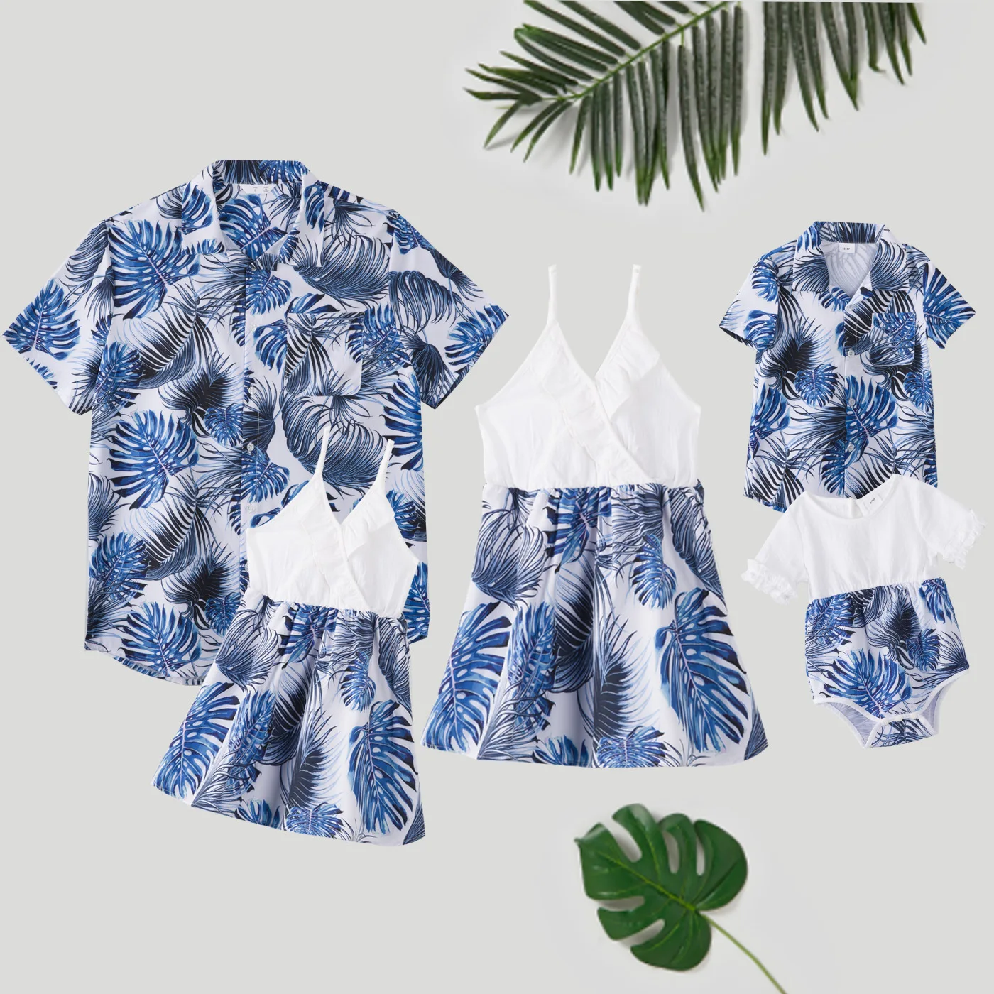 Fashion Parent-child Outfit Family Outfit A Family of Four Holiday Style White Strap Blue Leaf Family Dress Shirt Baby Romper