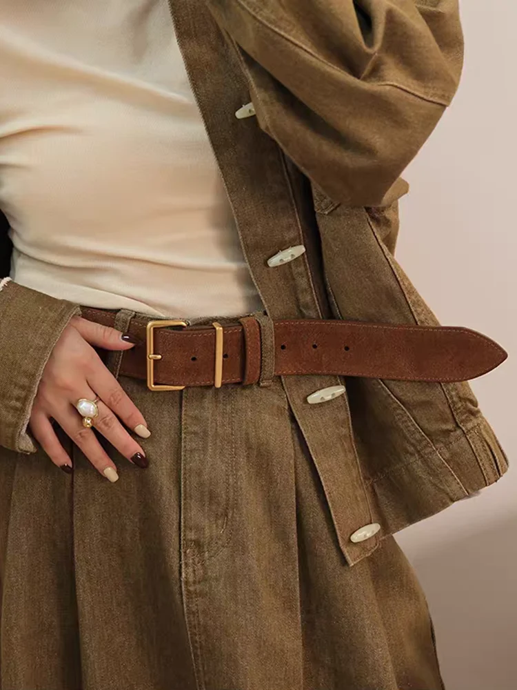 

Коричневый модный продвинутый элегантный ретро женский ремень из натуральной кожи с широкой пряжкой, повседневный пояс для джинсов, платье, пальто