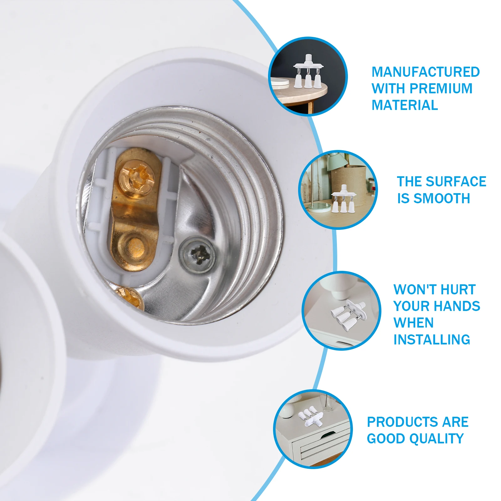 

1Pcs Household Lamp Holder E27 3-Head Socket Conversion White Smooth Surface Easy Install Standard Lamp Base Ceiling Light