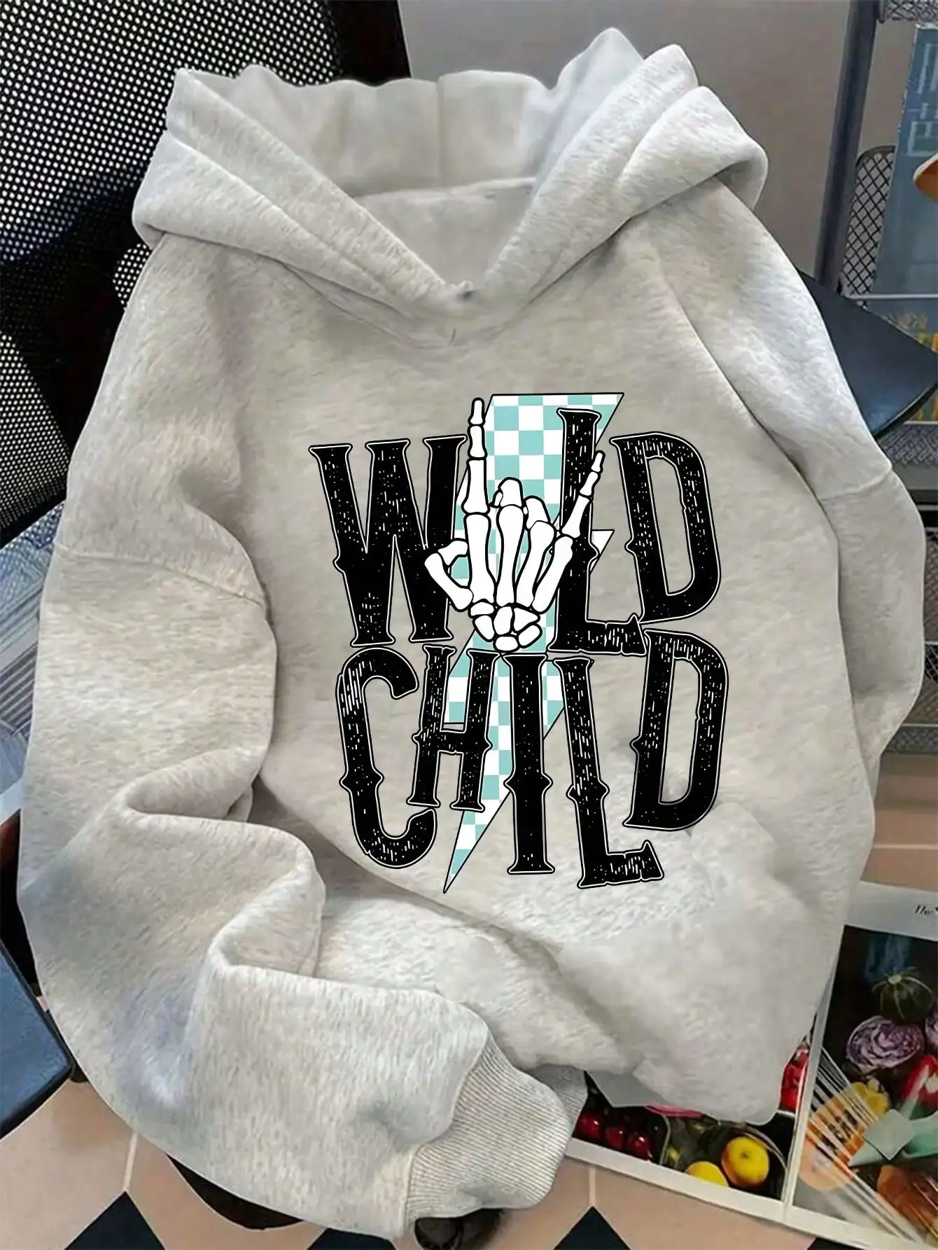 1pc Young Boy Casual Skull & Finger Print Pullover Sweatshirt, Inspirational For Future Leaders, Thermal Lined, Autumn/Winter SK25081338730680277