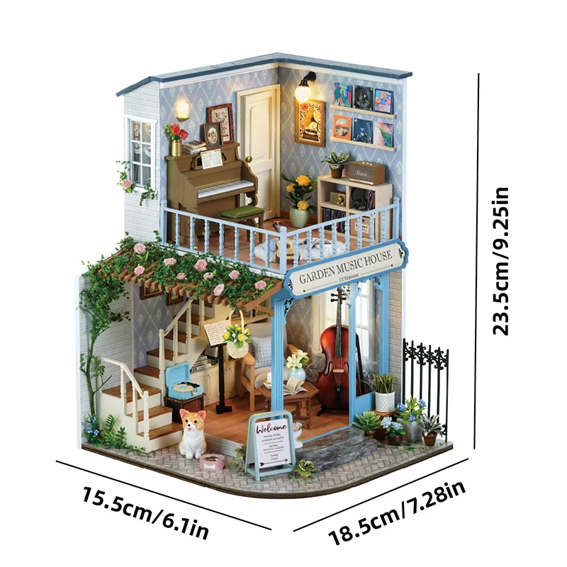 Casa musical de jardín DIY, Kit de modelo en miniatura de madera, rompecabezas 3D, casas de muñecas de café con muebles, casa de muñecas para regalos de amigos