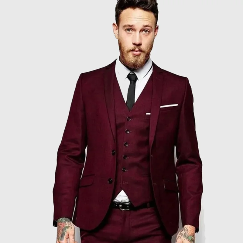 

Latest Burgundy Wedding Tuxedos 2024 Slim Fit Suits for Men Groomsmen Suit Three Pieces Prom Formal Suits (Blazer+Vest+Pants)