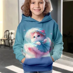 Children Boys Girls Hoodie Tops Cat Print Spring Autumn Print Sweatshirt Toddler 3-12 Year Leisure Outdoor Clothes Coat Clothing