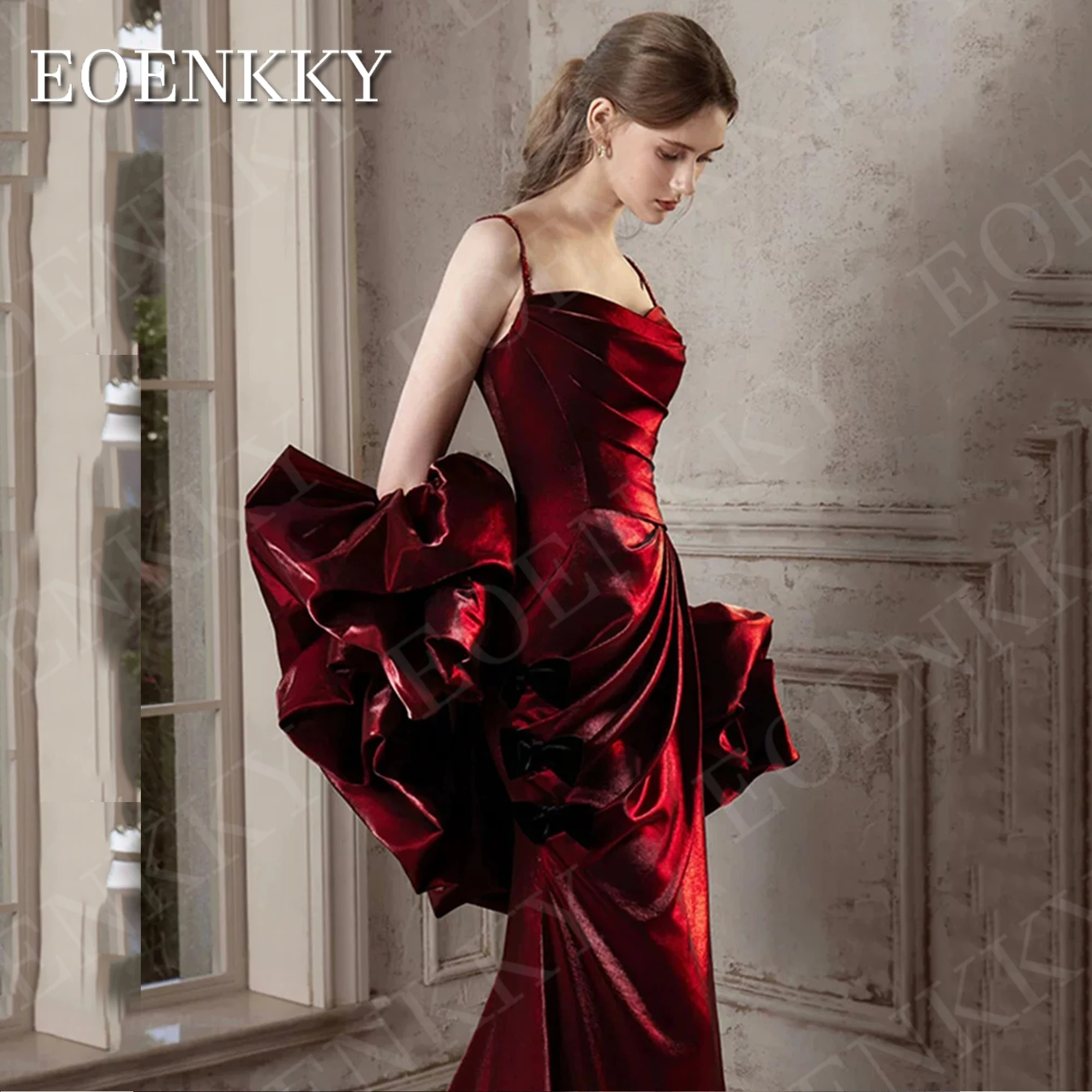 EOENKKY Burgundy Evening Dress with Sleeves Mermaid Sweetheart Neck Satin Party Prom Dresses Customized Spaghetti Straps Women