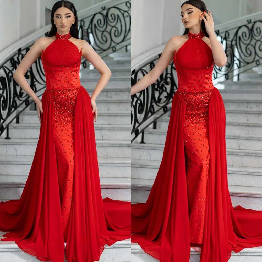 

Customized Soft Red Evening Dresses Exquisite Halter Sleeveless Homecoming Dresses Fashion Crystal Special Occasion Gowns