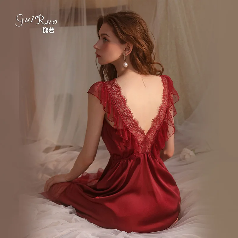 

Women's Sleepwear Sexy Suspender Nightdress Women's Summer Perspective Lace V-Neck Low Chest Hollow Homewear Set Nightgown