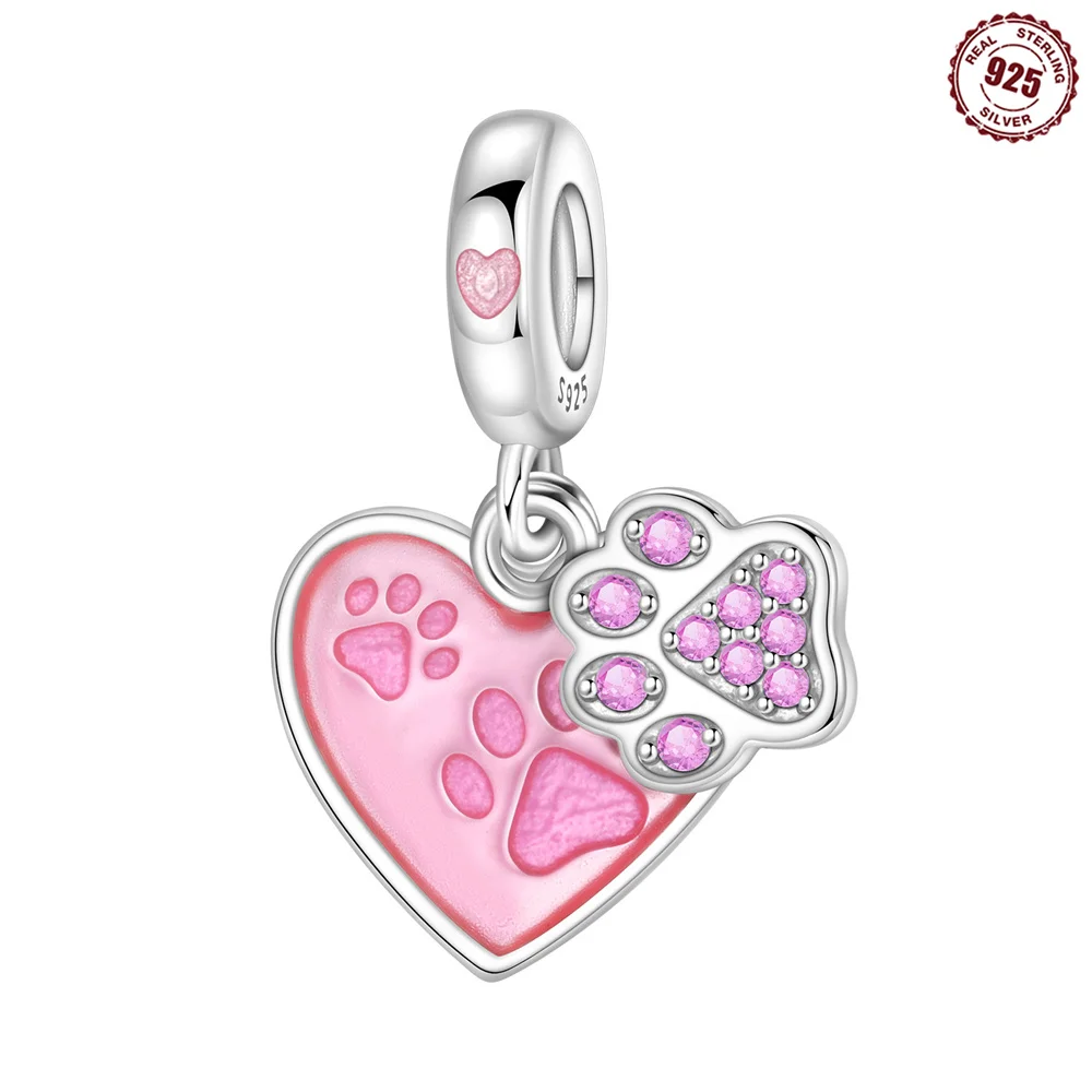 925 Sterling Silver Heart Pet Paw Print Dangle Charm Bead Pink Enamel & Pink Zircon Pet‑Lovers Bead fit Bracelet Jewelry Gift