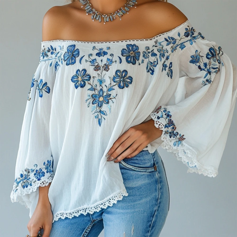 

Женская элегантная блузка с открытыми плечами и цветочным принтом, длинные расклешенные рукава, свободные кружевные кисточки, модные осенние женские повседневные блузки