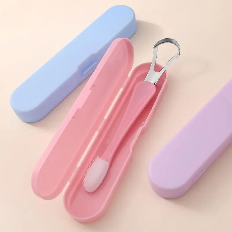 Tongue Scraper Cleaner For Adult Kid,2 In 1 Silicone Tongue Brush And Stainless Steel Tongue Scrapers For Fresh Breath Dental