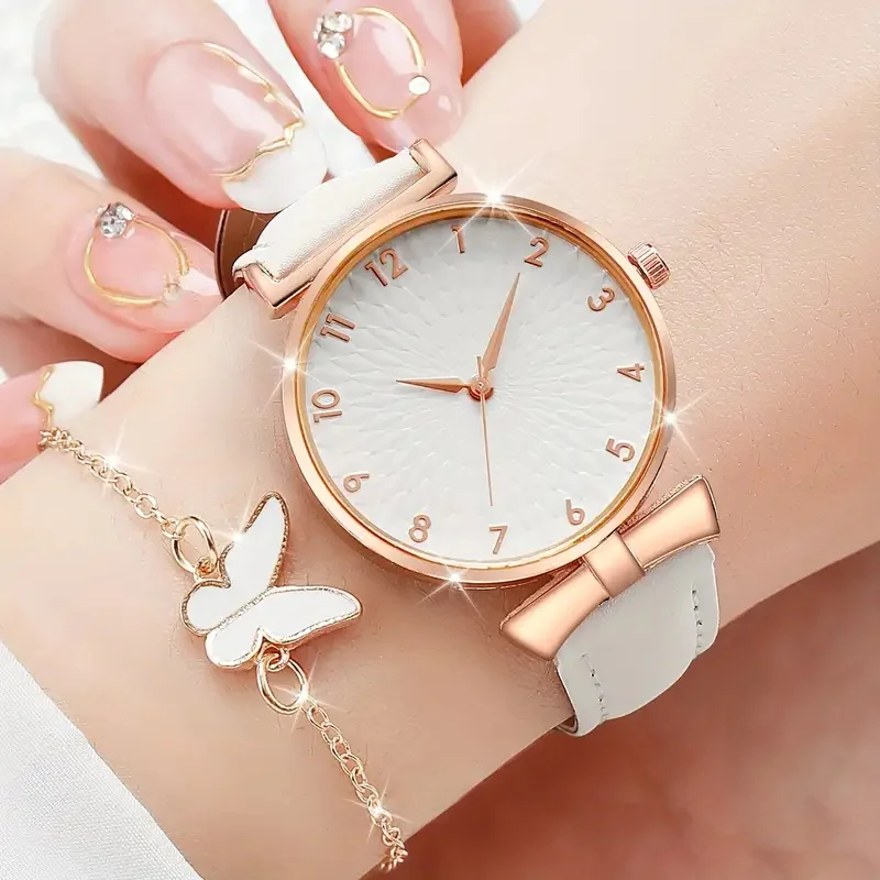 6PCS Fashion Leather Alloy Ladies Simple digital quartz Watch with Butterfly bracelet Necklace Ring Earrings jewelry set