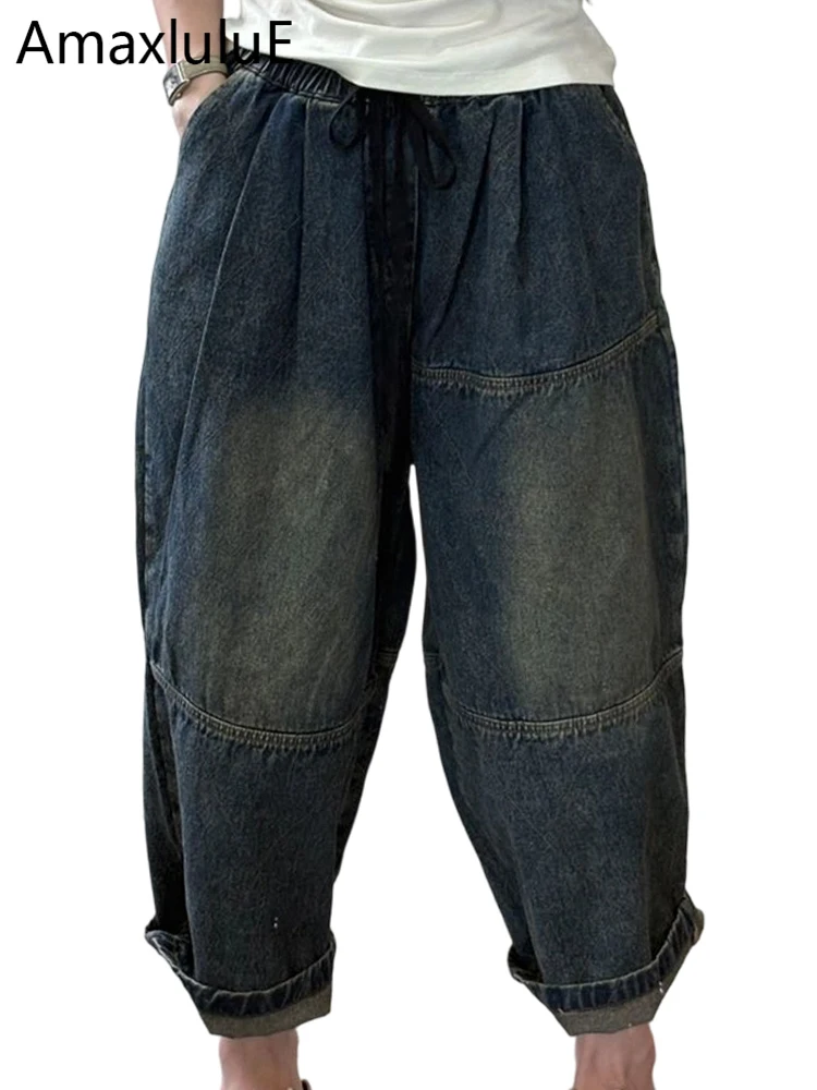 

Amax LuluE 2026 British Fashion Denim Pants Womens Spring Vintage Classic Elastic Waist Trousers Females Leisure Elegant Jeans
